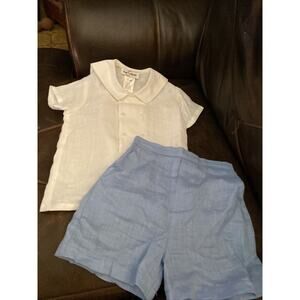 Jack & Teddy White Linen Shirt & Blue Linen Short 3T